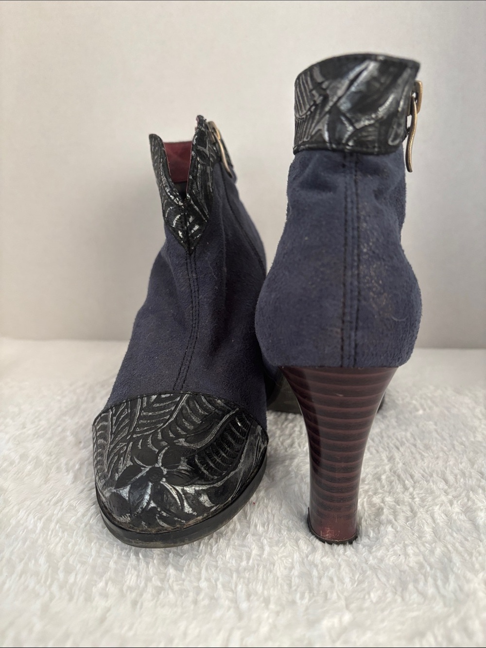 Women's Navy Suede Ankle Booties with Textured Trim - Picture 5 of 7